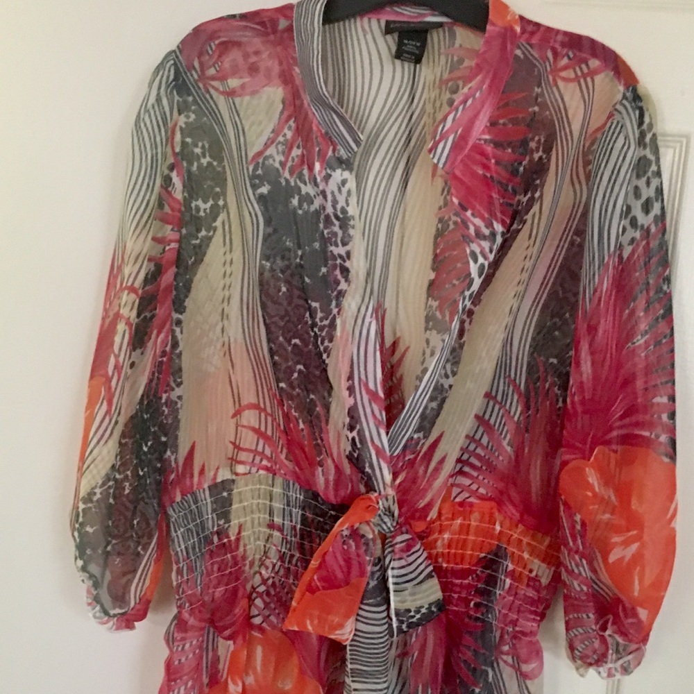 Lane Bryant Sheer Patterned Orange & Cream Blouse
